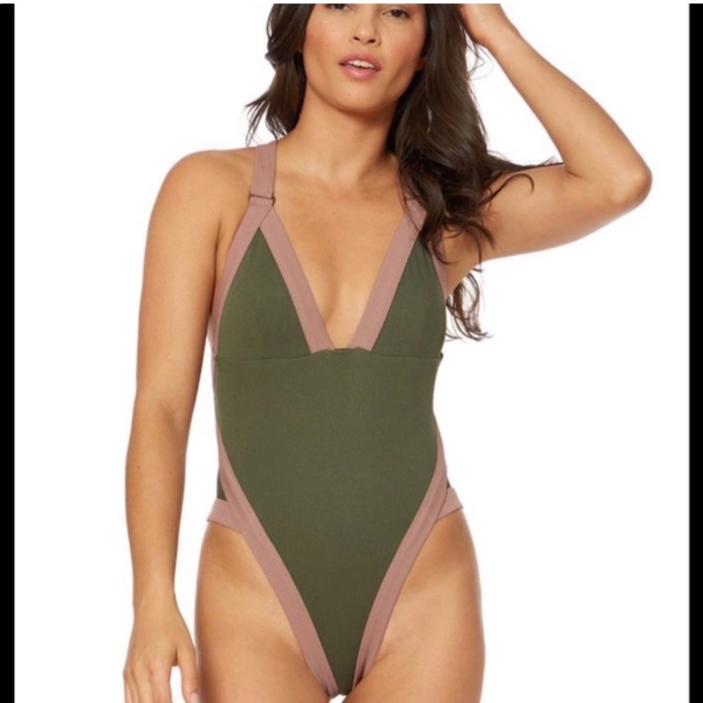 NWT Dolce Vita Wanderer Ribbed High Cut‎ Swimsuit Army Green Women's Size L F